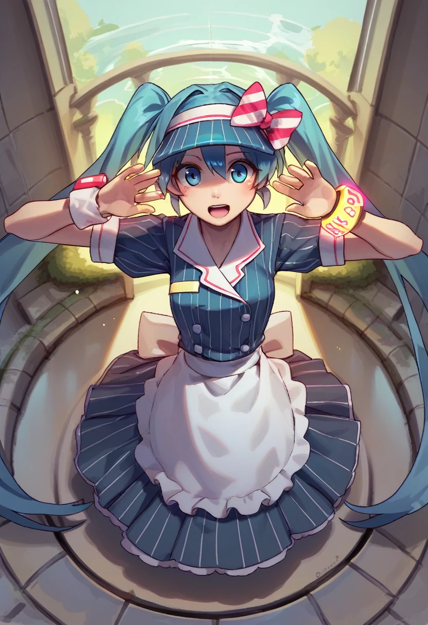 score_9, score_8_above, fountain_cheered up,
Asanagi, por muk \(Mister\)
BREAK,
1 girl,returned to normal, Hatsune Miku,
vertical striped dress, waist apron, wristbands, visor cap,
inside