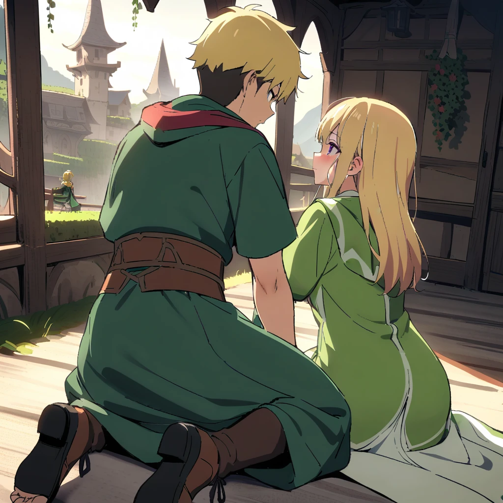 {{cowgirl shot, dutch angle, female focus}} {{Artist: Sincos}} 1girl 1boy, both close next to each other
girl, long green mage robe, blonde, kneeling on the floor feet, toes, far away, backshot, Boy with blonde hair in heavy armor, lying next to girl. Backshot, fantasy setting with Hanging Garden village in the background. Adventurer theme with a touch of mystery.