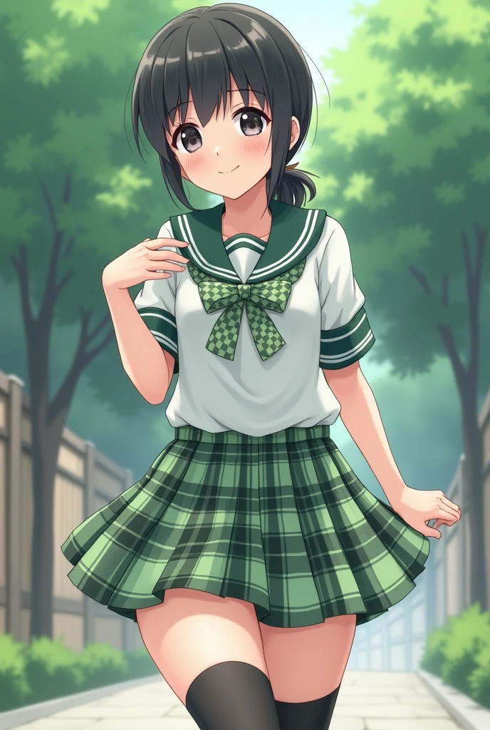 Realistic non-anime girl in the schoolyard of ancient Japan, Shirt with a sailor collar in pastel green and black checks and a pastel green and black check bow tie ,pastel green and black skirt, High socks,18 years, hits, a few little smiles, thighs, knees, low ponytail with a small ribbon bow, from below