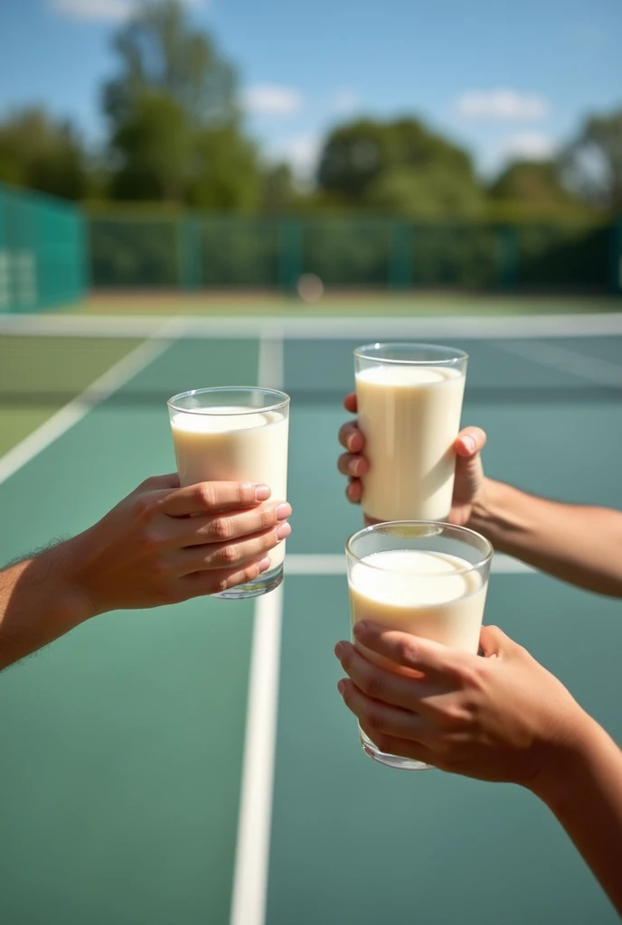 Tennis court background，Several people hold square boxes of milk and raise their glasses together，Photography
