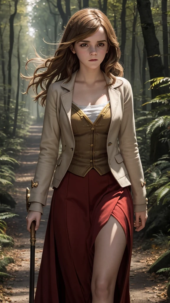 Emma Watson as Hermione Granger, (Long Hair), Big Breasts, in Red Slit clothes walking in forest happy holding magic stick