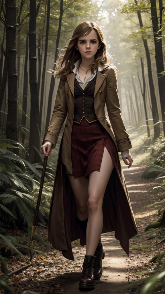 Emma Watson as Hermione Granger, Long Hair, Big Breasts, in Red Slit clothes walking in forest happy holding magic stick