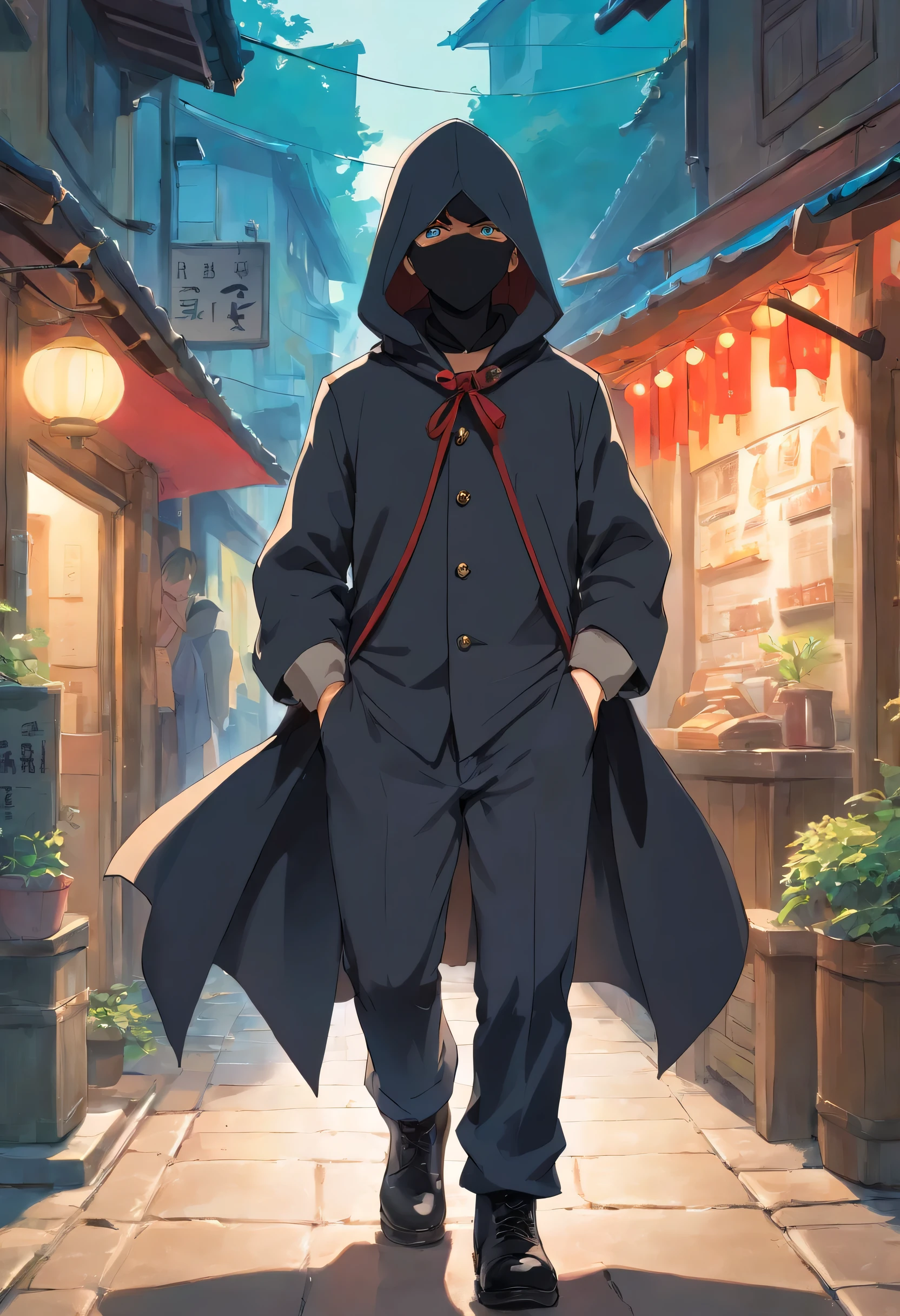 32-year-old male character without a beard ,Wearing black clothes, dirty, Durable boots, Probably./In pants, Waistcoat, She wore a hooded black overcoat, Cover your head;, Mask, Cover his face. On a white background