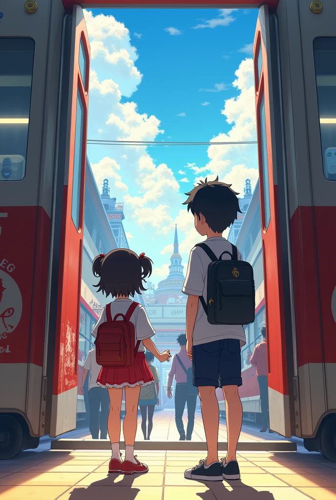 "In an anime style, a boy and a girl are standing in front of a train door. Both are dressed in stylish and modern outfits, and the background features a vibrant and detailed train station scene. The image is rendered in full HD quality with vivid colors and sharp details. The boy and girl have friendly and curious expressions, as if they are ready for an exciting journey."