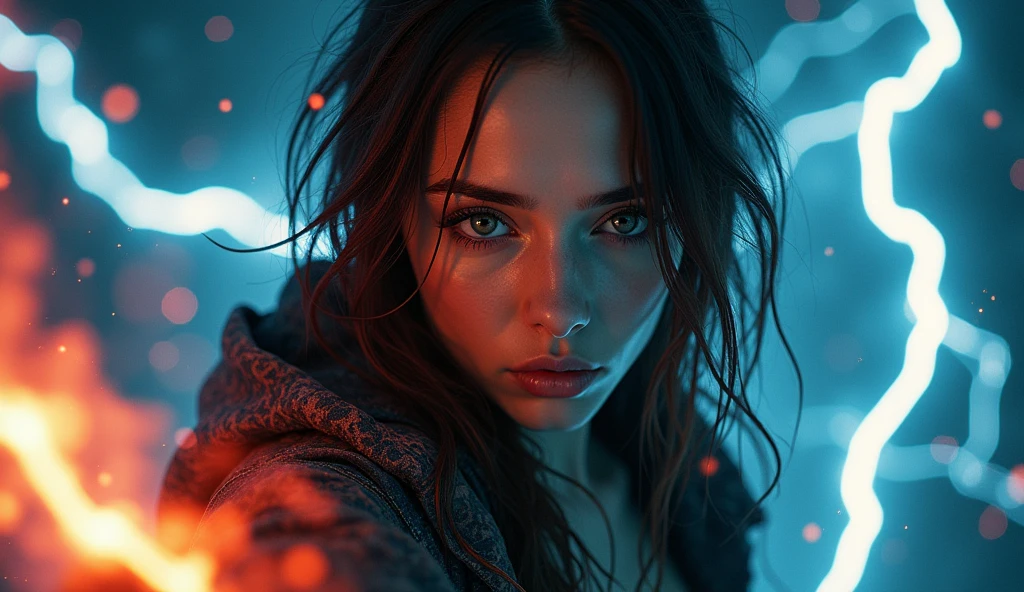 high quality, 8K Ultra HD,(photorealism:1.2),real style,double exposure,Hyperdetailed,Hyperrealistic,Realism,RAW photography of a young woman wearing sorceress outfit,dark hair with dark red streaks,cyberpunk sidecut hairstyle,as sorceress,lightnings,attacking with lightnings,angry expressions,realistic style,8k HD, ultra fine detailed,cinematic,photo realistic,dynamic lighting,masterpiece,32k,high definition,smooth,ultra high definition,ultra sharp focus,by Greg Rutkowski, by Alphonse Mucha, Luis Royo