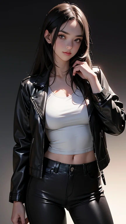 best quality, high quality, ultra quality, 8k, masterpiece, detailed, extremely detailed, insanely detailed, ultra detailed, ultra highres ,exquisite,
lifelike Images,cinematic experience,UHD picture,Realistic,photorealistic,hyperrealistic,vivid,RAW photo,shot by DSLR, One girl, (black leather jacket:1.3), white tank top, black leather pants, cyberpunk city,