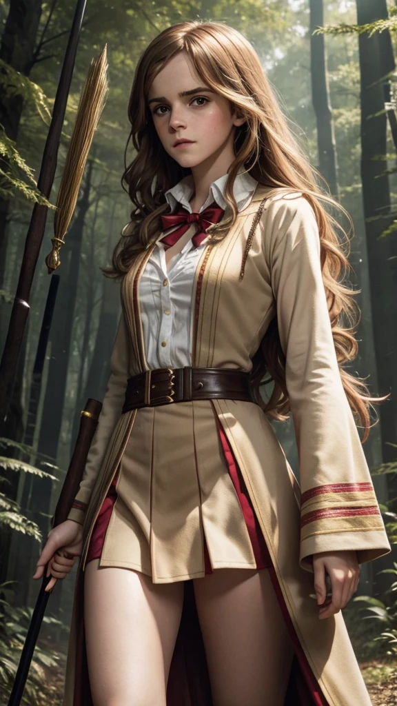 Emma Watson as Hermione Granger, (Long Hair), Big Breasts, in Red Slit clothes walking in forest happy holding magic stick