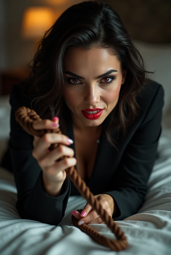 A Brazilian woman lying on a bed, dressed in a CEO outfit, and holding a whip, with a sadistic face, His red eyes are shining and his red lips are plastered with a cruel smile