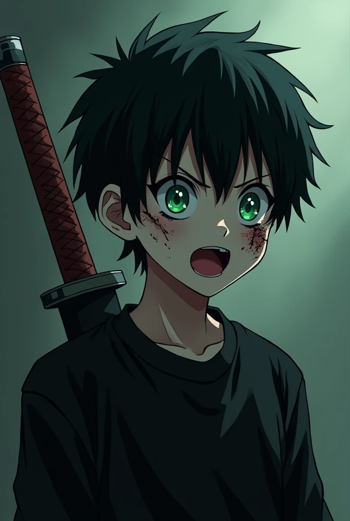 A 13-year-old My Hero Academy-style anime boy, jet black hair, emerald green eyes, a scar on his left eye, with a black sweatshirt and a katana strapped to his back smiling sadistically with wounds on his face as well as having an empty expression 