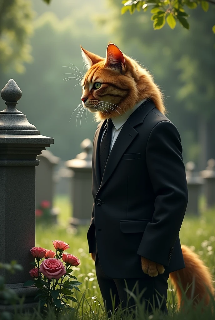 A long-haired brown tabby cat wearing a black suit and black tie visiting a grave