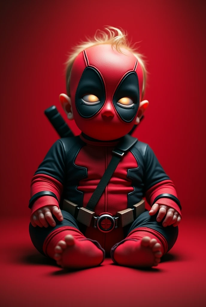 high resolution、Superior image quality、Top-notch image quality、Maximum quality、in 8K、real live action、realisitic、Raw photo、Masterpiece artwork、tabletop、professional lighting、realisitic background、((2 ))、standing、、cute (fantasia de fantasia de deadpool da marvel))、、, a baby one with baby hair、((clg the eye)), ((work of art), (best qualityer), (CRU photo), (fotorrealisitic:1.4), Foto altamente realisitic, Portrait of an Australian, 1 year old, baby hai eyes, wea a marvel deadpool costume, detailed clothing, The light from above shines down, (background red), photo taken in 1975 by Fujifilm XT3