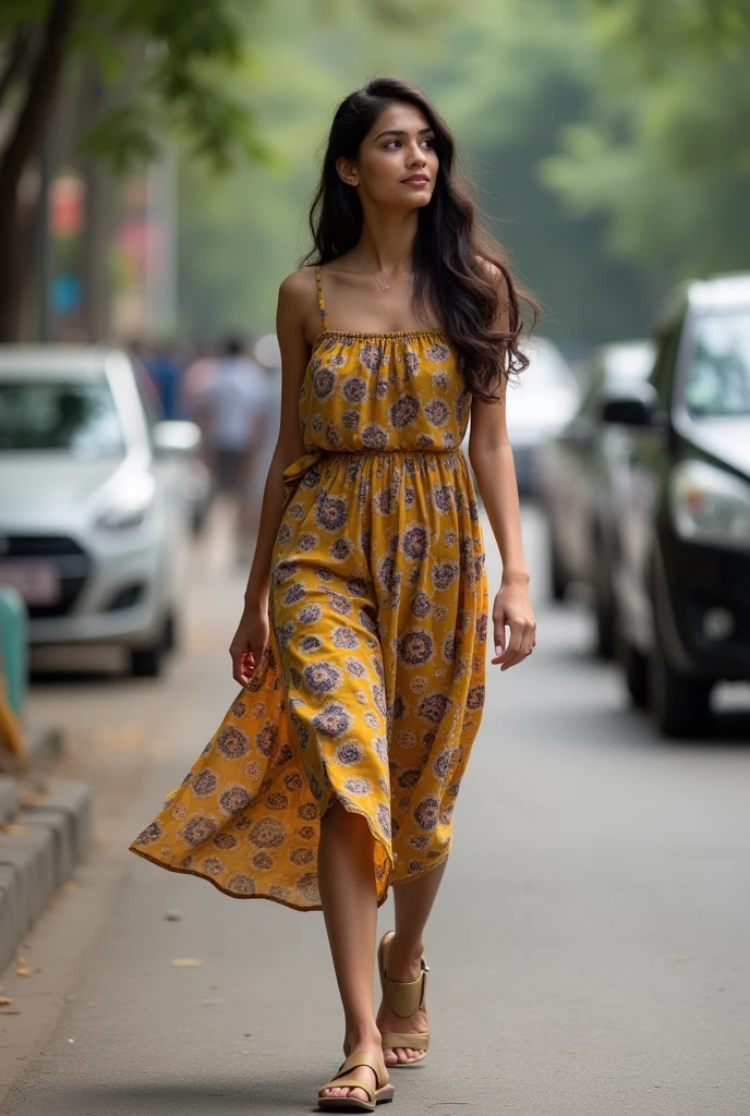 A girl age 25 from north india in mumbai she looks very modern and she wears dress and very active walking in mumbai roads. 