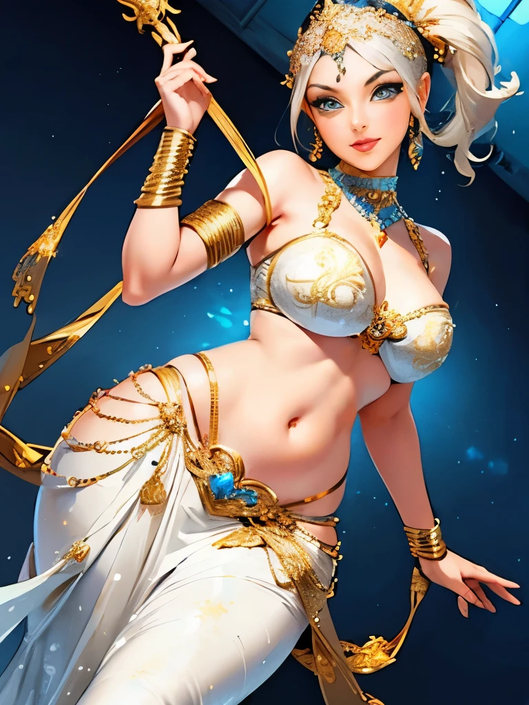 a lady wearing a gold and white outfit, beautiful costume, jeweled costume, belly dancing, gold and white, white with gold accents, intricate outfit, ornate with gold trimmings, fun rave outfit, cute rave outfit, gorgeous figure, rave outfit, she is dressed as a belly dancer, white and gold, gold bra