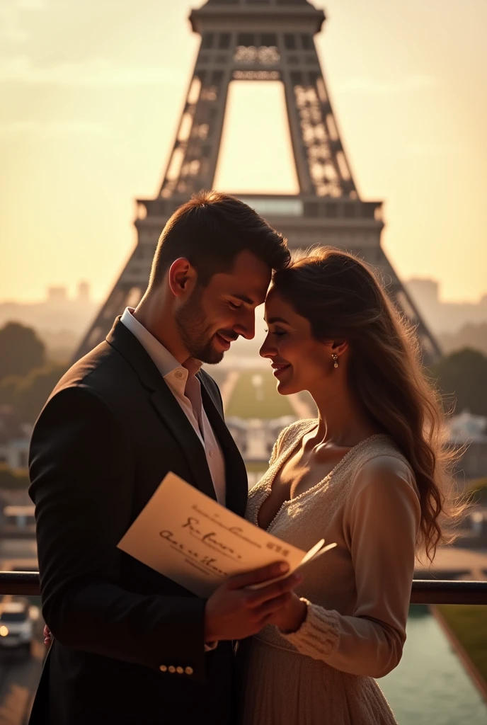 A couple in the tower of Paris with a letter that says "Let's go to Paris