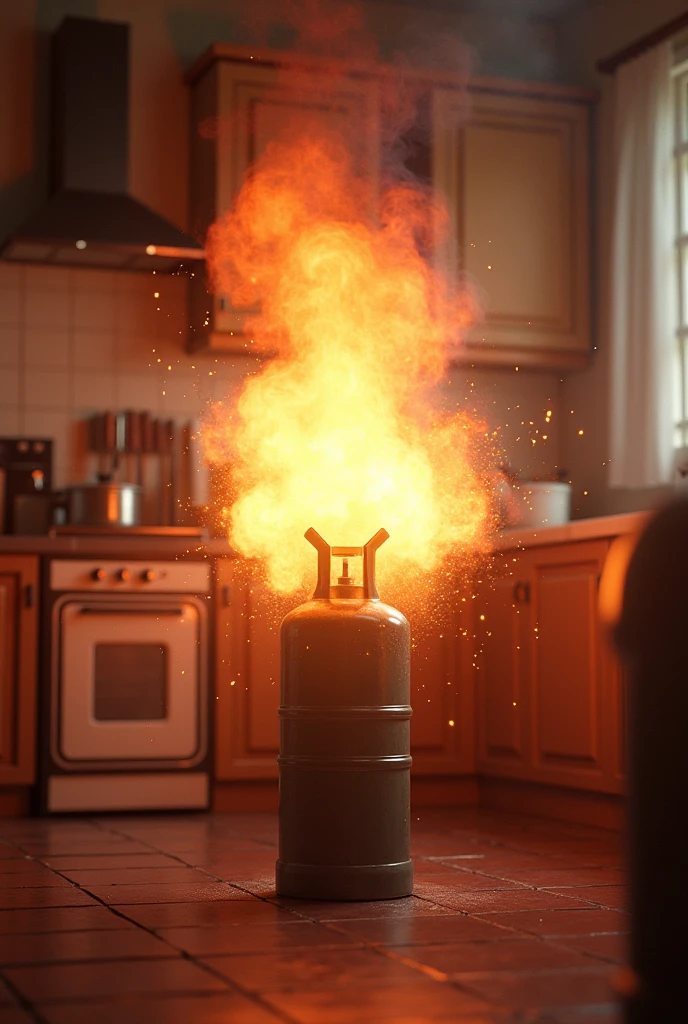 In a kitchen a gascylinder is blasting, and serious lighting, animation 3D 4k picture