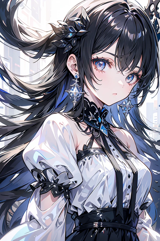 Exquisite facial features,Girl in western dress,Glassy eyes,Silver earrings,Black long hair,cute