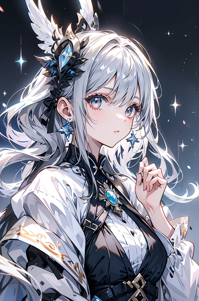 Exquisite facial features,Girl in western dress,Glassy eyes,Silver earrings,Black long hair,cute