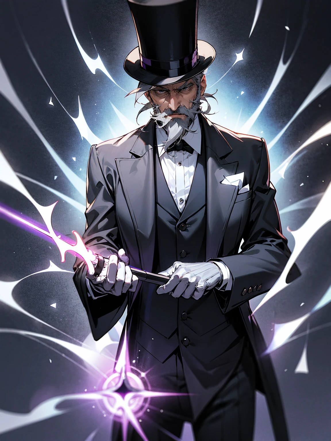 1male, grey hair, age lines, elder, top hat, suit, grey beard, lean build, stage, magic wand, dynamic lighting
