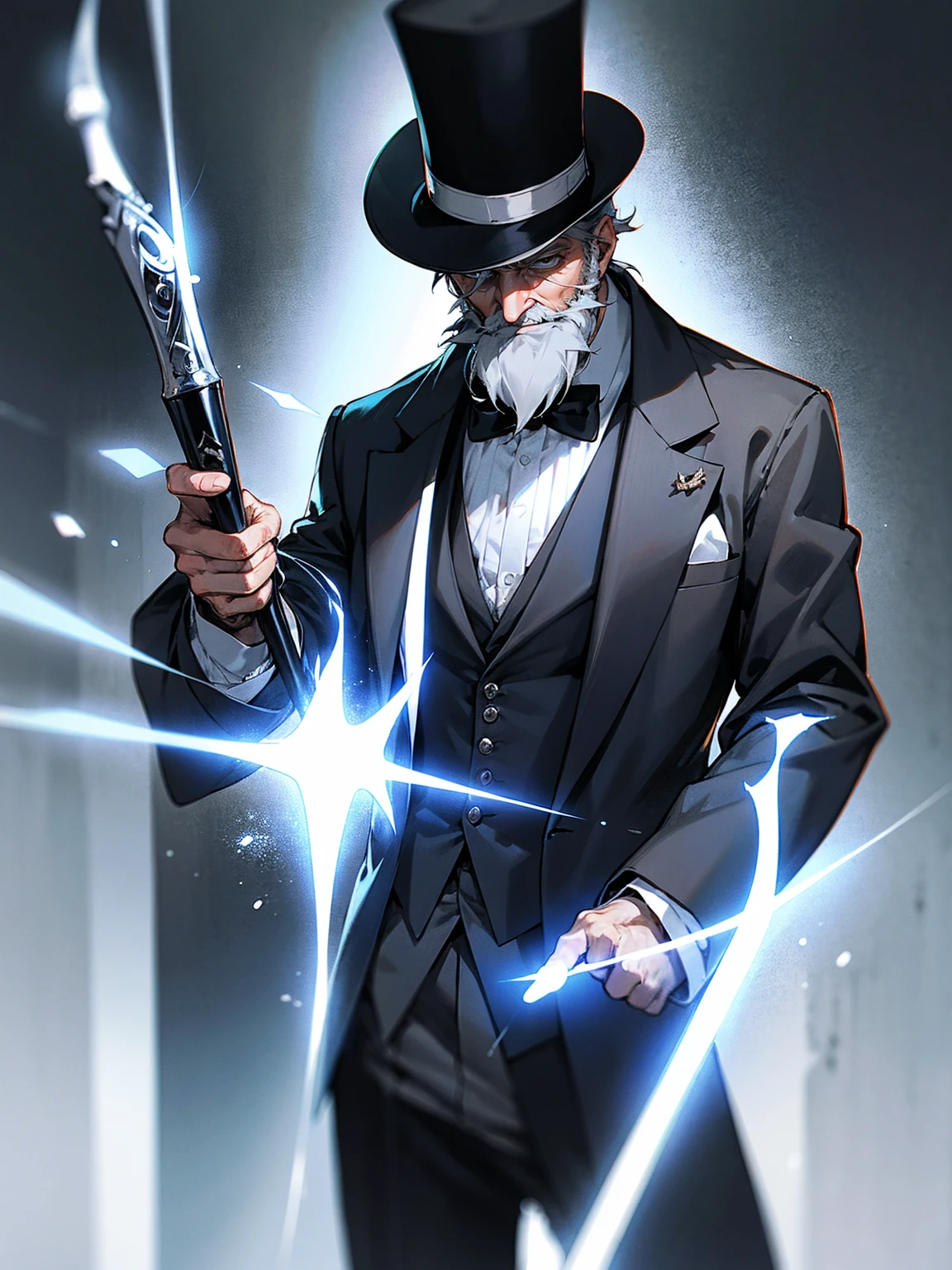 1male, grey hair, age lines, elder, top hat, suit, grey beard, lean build, stage, magic wand, dynamic lighting