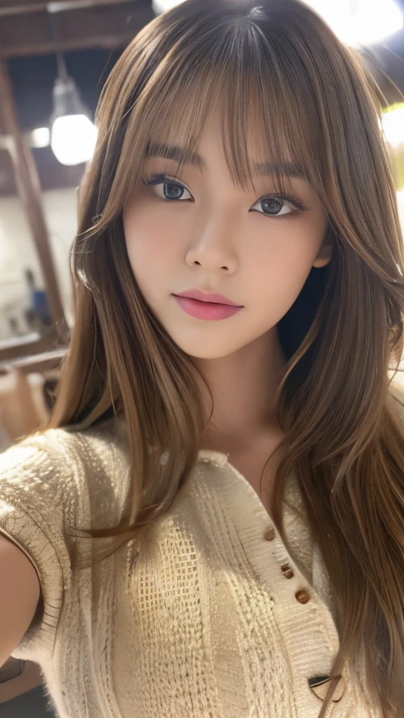 Full Body Angle、((highest quality, 8K, masterpiece: 1.3)), concentrated: 1.2, Cute girl 1,Nipples erect、 Perfect beauty: 1.4,Crisscross V-neck T-shirt, Casual summer short sleeve t-shirt: 1.2,Long sleeve、Randall Color、comics&Text Graphics、Black ruffle-trimmed drawstring zip blouse,1.1, Highly detailed face and skin textures, Fine grain, double eyelid, whitening skin, ,highest quality,Ultra-high resolution,you,1 girl,alone,_Shiny_skin,Iris,necklace,((Brown_length_Wavy_hair)),(lips)),eyelash,Front hair,deal with,compensate,Shiny,pore,skin texture,Large Breasts、smiling face、Front hair、from below、