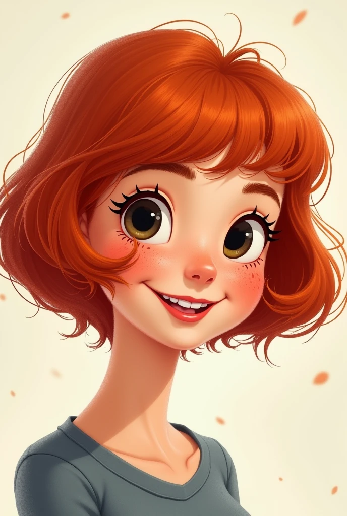 red-haired woman , com rosto redondo , with short hair and bangs , black eyes and freckles ,Disney  style 
