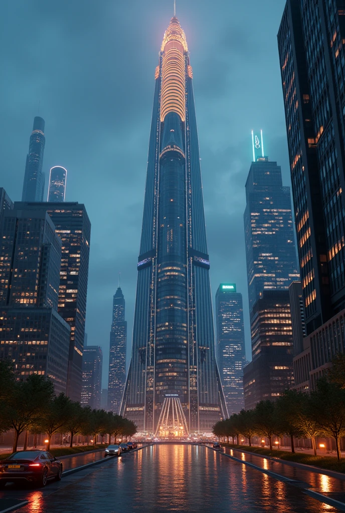 unbelievably tall city hall, city hall, city centre, unbelievably tall city hall, taller than everything else, multiple buildings, birdseye view ,art deco design,streamline moderne,futuristic architecture, Abstraction,modern style,Luxury and Luxury,Future night view,Futuristic decorative elements,Metallic,number line,sci-fi lamp,Virtual Engine,Unreal rendering, neon lights, greenery,