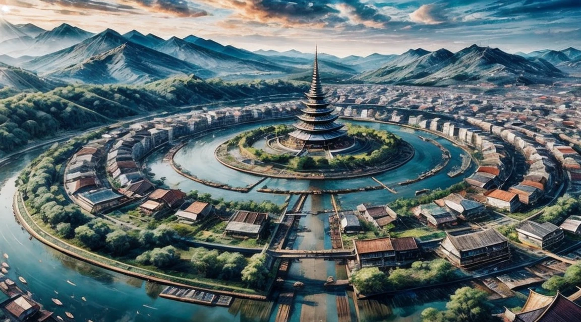 big pagoda circular on the center of a river with populated shops on the side walk asian style medieval aerial view city