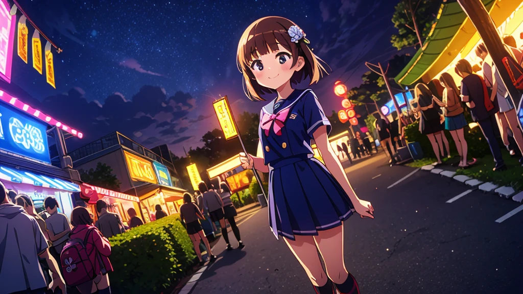 {Of the highest quality], [Super beautiful], [Ultra Fine], [best illustration], NSFW,Brown hair, hime cut, by the width, with bangs, Girl,high school student,uniform,tissue,short sleeve,Skirt,smile, blush, Thin women, adult women,standing posture,(public),night park,summer festival,diagonal, Navy Blue Knee High Socks,black bread