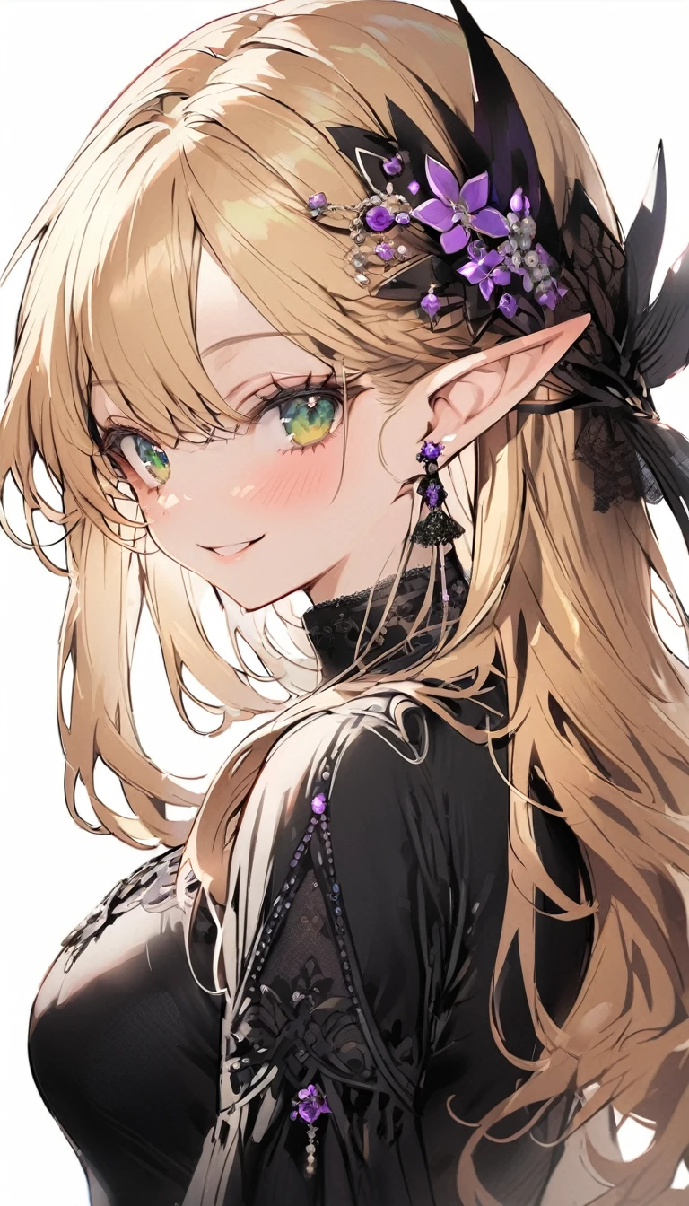 (elf girl:1.3), (green eyes:1.2), (blonde hair:1.2), (hand raised:1.1), (smiling:1.0), (blush:1.0), (black dress:1.2), (jewelry:1.0), (long hair:1.2), (pointed ears:1.2), (purple hair accessory:1.1), (detailed clothing:1.0), (white background:1.2)