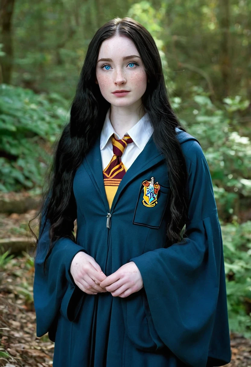 Caucasian woman 1.75 tall, light blue eyes, long black hair, pale skin and freckles, double E breasts, big butt. She is dressed as a harry potter.