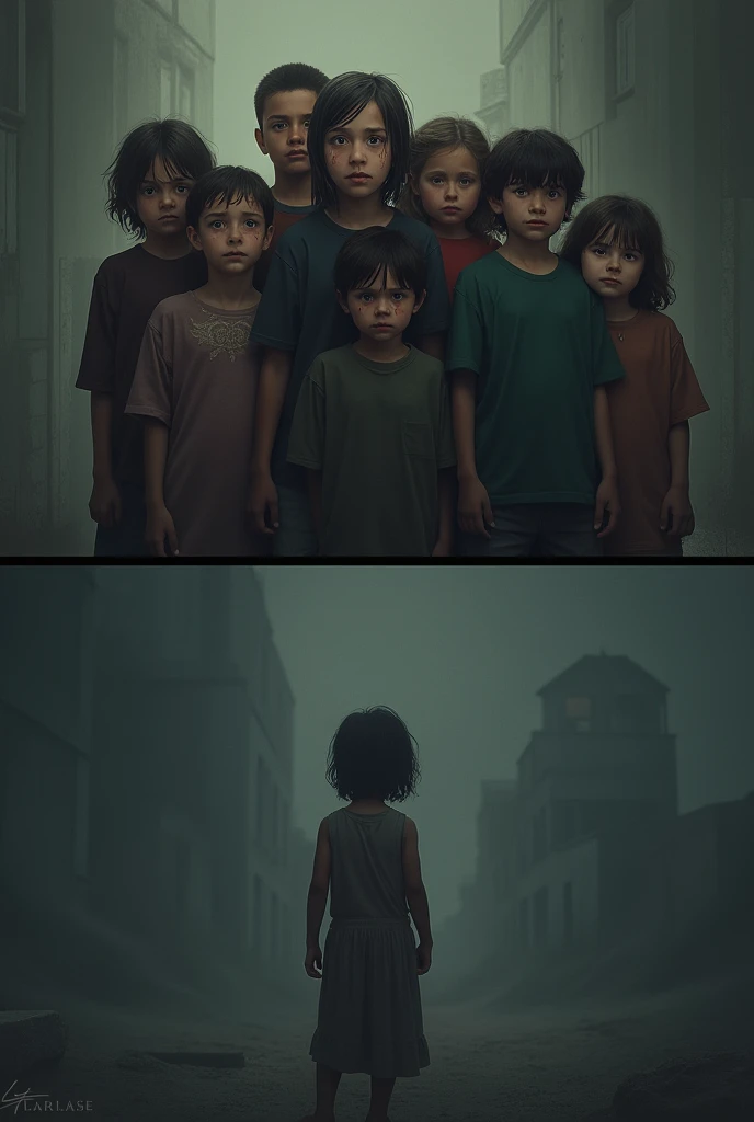 6 with sadness as there parent died early now make second image where big kid is standing alone saded