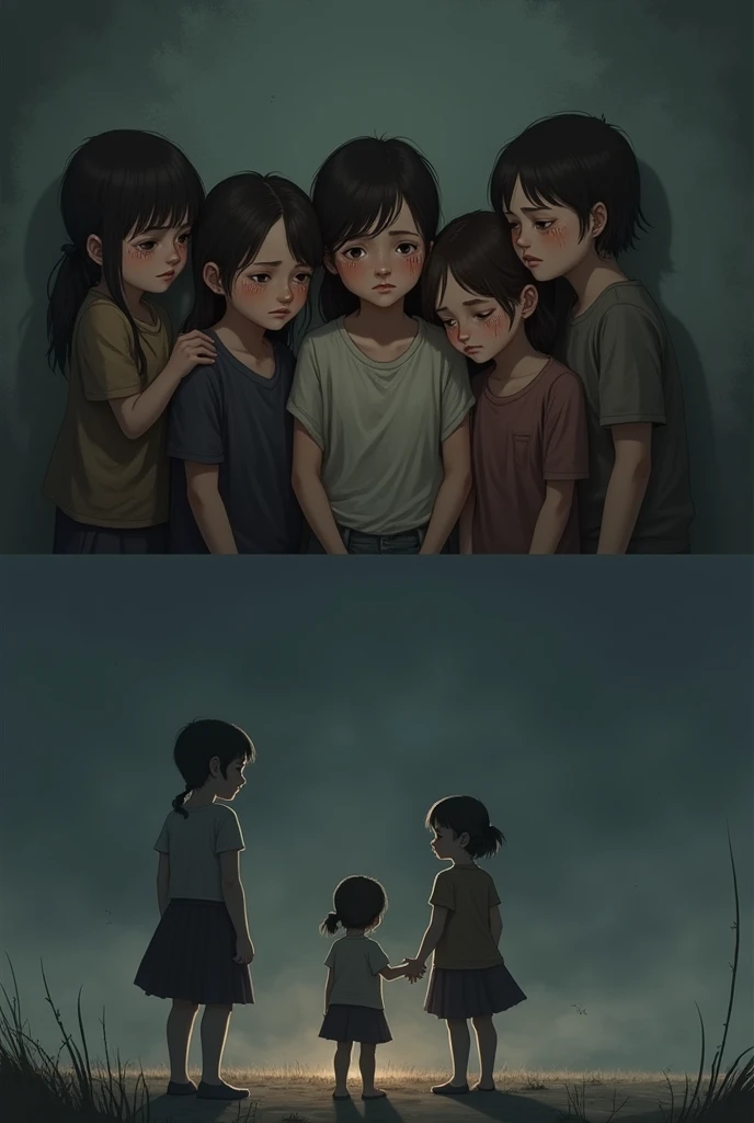 6 children with sadness as there parent died early now make second image where big ??? is standing alone saded
