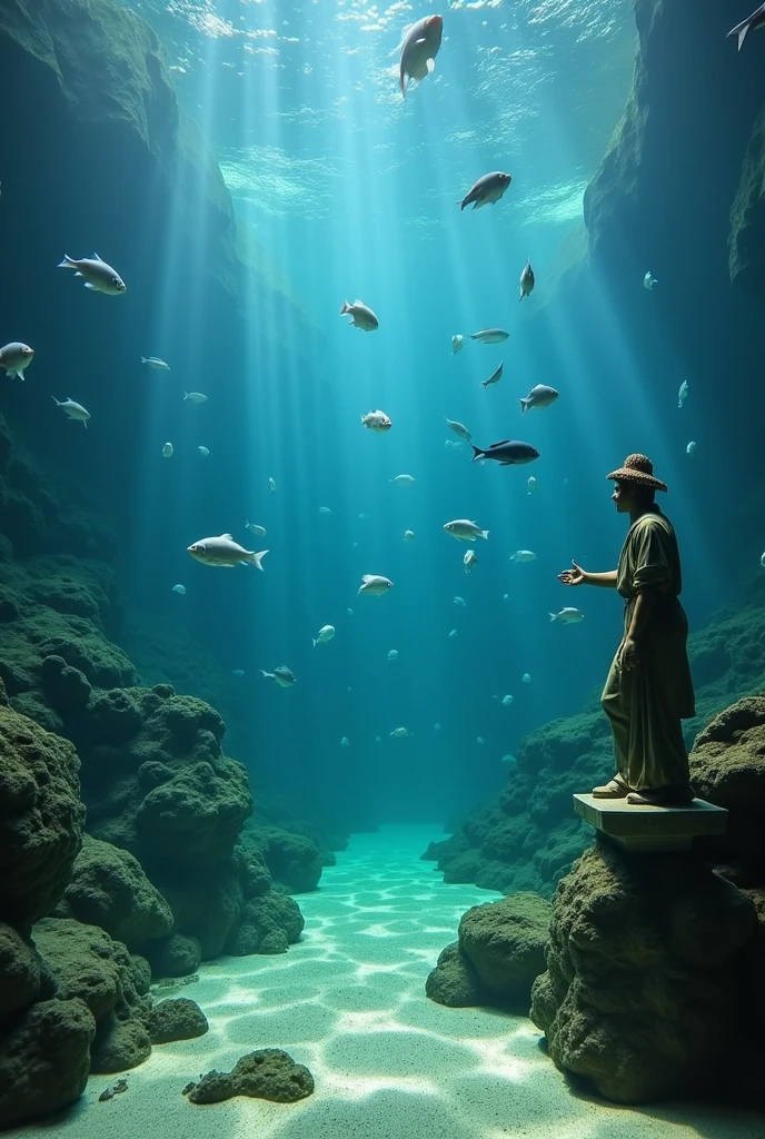 
Image: an aquarium with fish swimming around statues and submerged objects.







