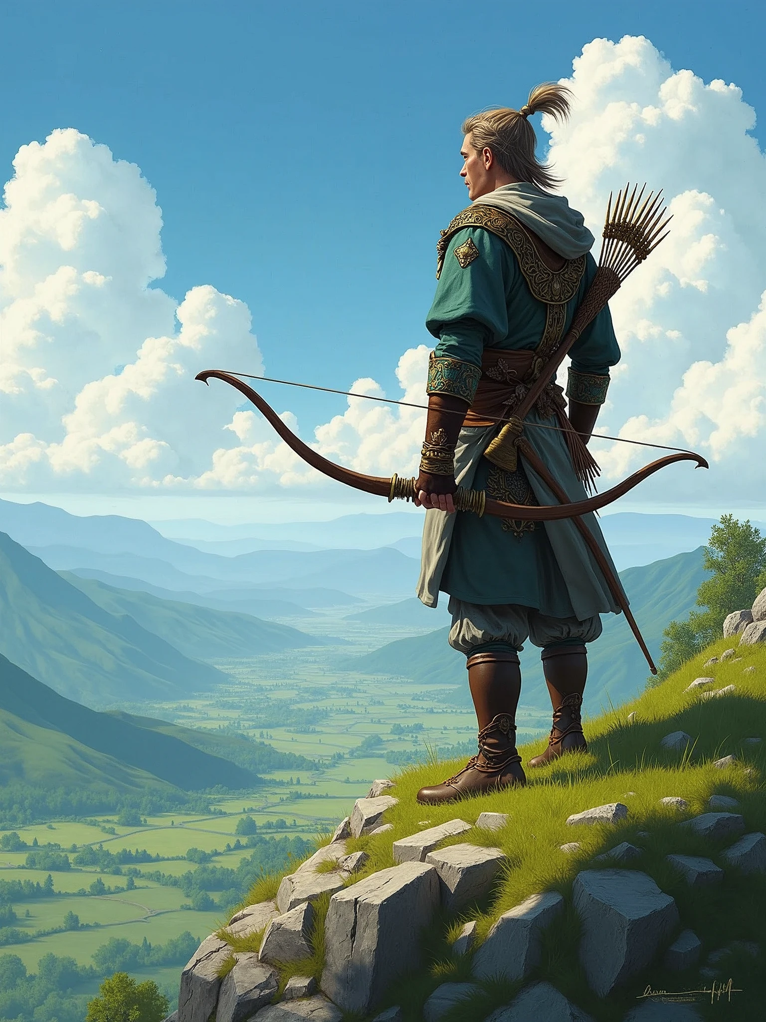 Legendary archer, in hero's pose, bow in hand, looking at the horizon, stylized hunting uniform, on top of a hill observing a valley in the distance.