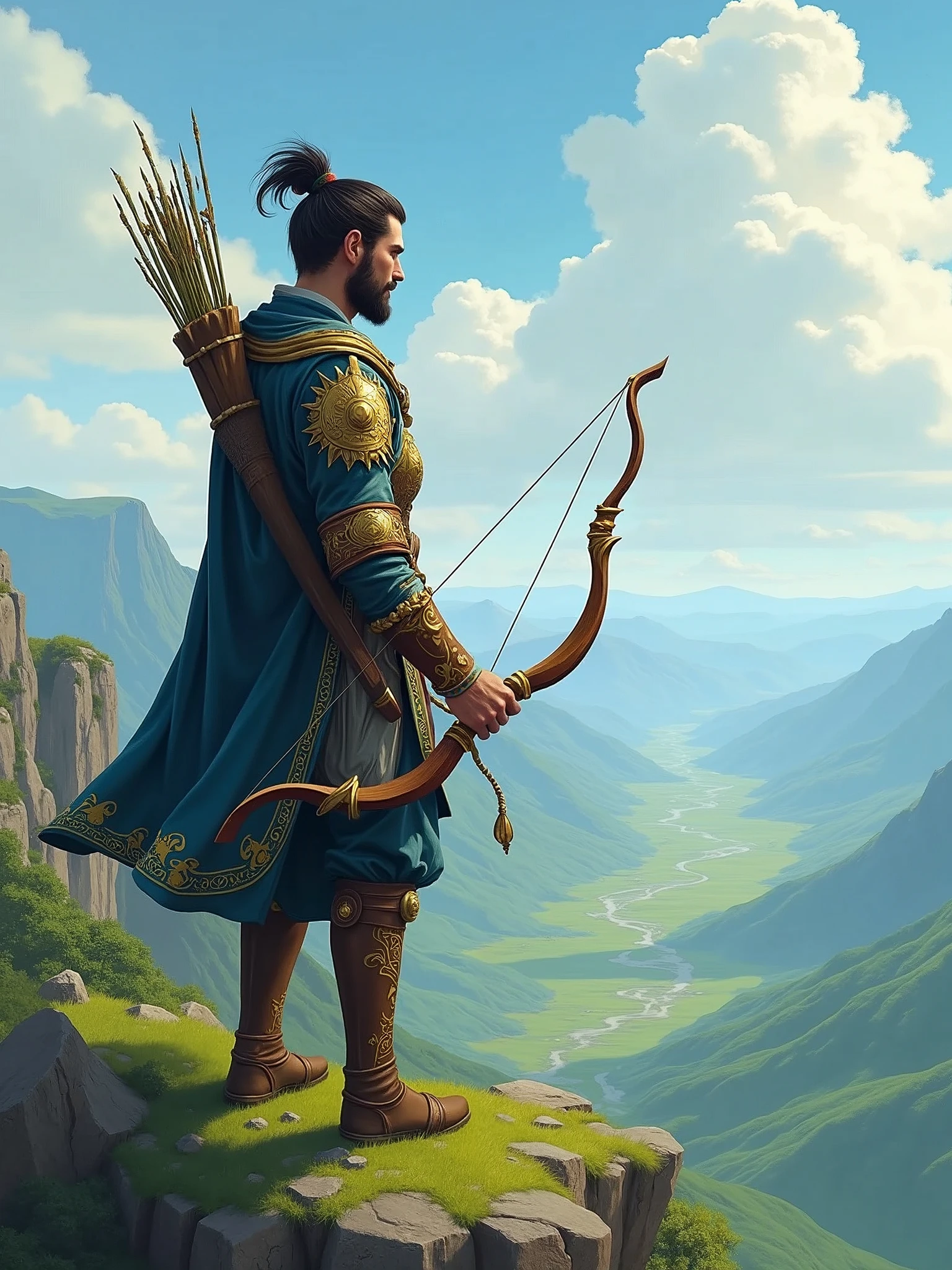 Legendary archer, in hero's pose, bow in hand, looking at the horizon, stylized hunting uniform, on top of a hill observing a valley in the distance.