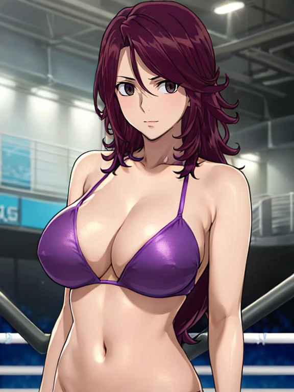 1girl, blunt bangs, wrestling gear, (purple hair:1.2), very long hair, looking at viewer, smile, highly detailed background of wrestling ring, (photo realistic:1.2), detailed eyes, red eyeshadow, depth of field,thighs, upper body, (solo:1.2), (cyberpunk city:1.1), cleavage, (finger on lips:1.1),Shiny skin, standing, big spring breasts, armpit line, little biceps1girl, blunt bangs, wrestling gear, (purple hair:1.2), very long hair, looking at viewer, smile, highly detailed background of wrestling ring, (photo realistic:1.2), detailed eyes, red eyeshadow, depth of field,thighs, upper body, (solo:1.2), (cyberpunk city:1.1), cleavage, (finger on lips:1.1),Shiny skin, standing, big spring breasts, armpit line, little biceps,large breasts,perfect body,beauty,very huge breasts,narrow waist,bust size is 140cm over,sexy,soaked,seductive anime girl, oppai,biomechanical oppai,oppai proportions,Both hands are tied behind their backs and restrained,Highlights in her eyes