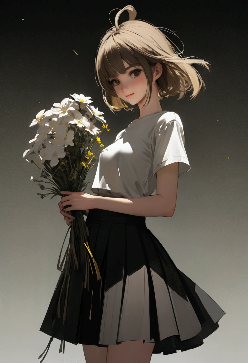 Medium field of view, Medium shot, Depth of Field, Break, Upper Body, Movie Angle, (Ashley Wood Style:1.2),(Nick Vicesi Style:0.6),masterpiece, best quality, Very detailed, CG, 8k wallpaper, Pretty Face, Exquisite eyes, Girl, Solitary, Smile, Bangs, skirt, shirt, have, skirt, bow, petal, bouquet