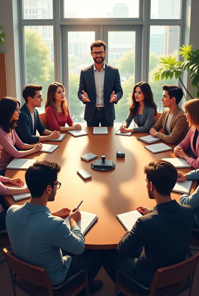 create image of 3 male students and 11 female students all sitting at round table and a male professor standing giving the first journalism class