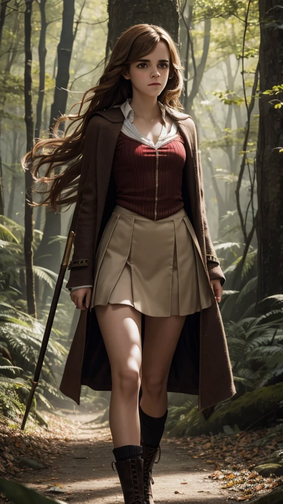 Emma Watson as Hermione Granger, (Long Hair), Big Breasts, in Red Slit clothes walking in forest happy holding magic stick
