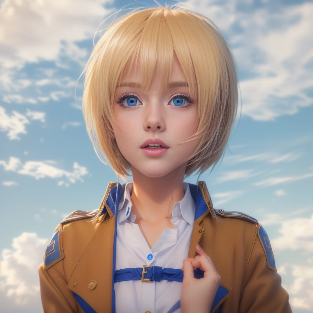 Blonde with blue eyes、Girl in brown jacket, Anime CG style, Photorealistic Animation girl render, Anime CG, Realistic Anime 3D Style, Ultra realistic anime, 3D Anime Real, Photorealistic Animation, 8K Portrait Rendering, Anime Realism style, Cute 3D anime girl render, Anime Realism, Smooth anime CG art, Realistic young anime girl