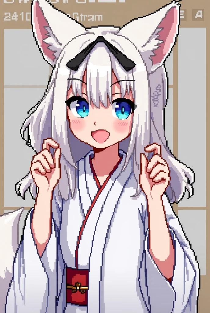 Retro game style,Action games,Like a retro game,pixel,pixel art,Fox Ears,１０Late 20s,cool,woman,White kimono,Blue Eyes