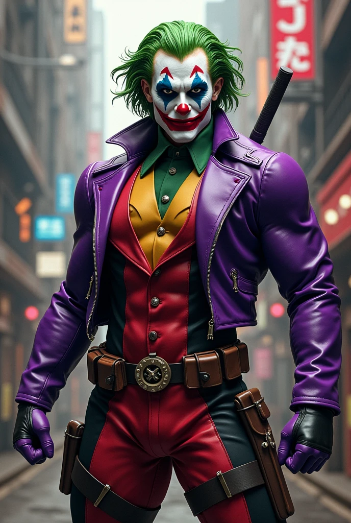 detailed superhero comic book cover, 1 character, old-fashioned Marvel style, Deadpool costume pants, Joker costume jacket, clown makeup face, white hair, "STRONG!" title, (best quality,4k,8k,highres,masterpiece:1.2),ultra-detailed,(realistic,photorealistic,photo-realistic:1.37),digital painting,cinematic lighting,dramatic shadows,vibrant colors,comic book style,dynamic action pose