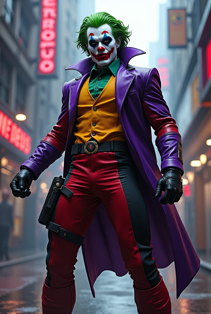 detailed superhero comic book cover, 1 character, old-fashioned Marvel style, Deadpool costume pants, Joker costume jacket, clown makeup face, white hair, "STRONG!" title, (best quality,4k,8k,highres,masterpiece:1.2),ultra-detailed,(realistic,photorealistic,photo-realistic:1.37),digital painting,cinematic lighting,dramatic shadows,vibrant colors,comic book style,dynamic action pose