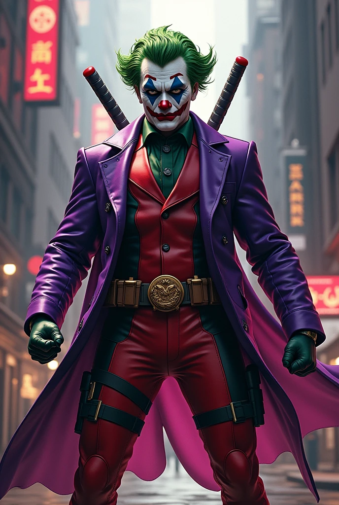 detailed superhero comic book cover, 1 character, old-fashioned Marvel style, Deadpool costume pants, Joker costume jacket, clown makeup face, white hair, "STRONG!" title, (best quality,4k,8k,highres,masterpiece:1.2),ultra-detailed,(realistic,photorealistic,photo-realistic:1.37),digital painting,cinematic lighting,dramatic shadows,vibrant colors,comic book style,dynamic action pose