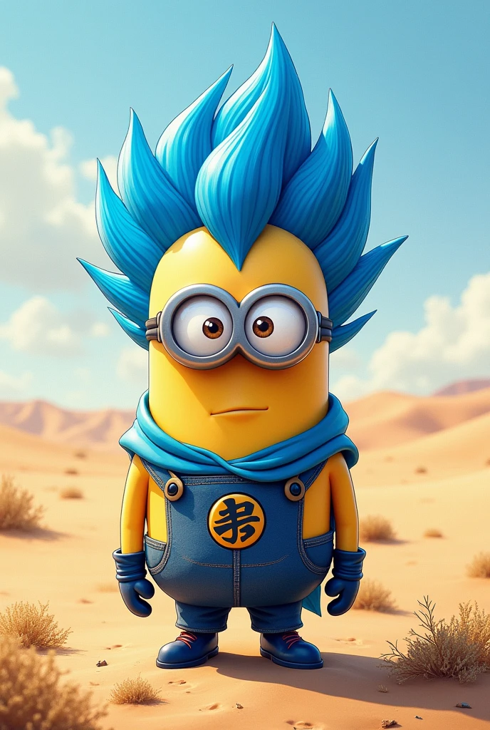 Draw a super saiyan blue Minion in the desert