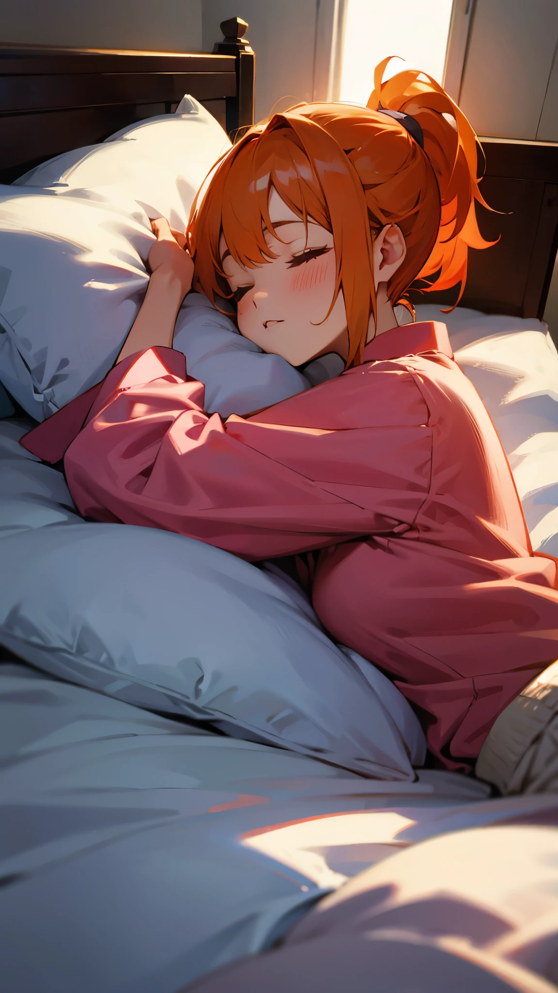 One Girl、solo、Bright orange hair、ponytail、pajamas、Bedroom、pillow、pillow、Peaceful sleeping face、Get a good night's sleep