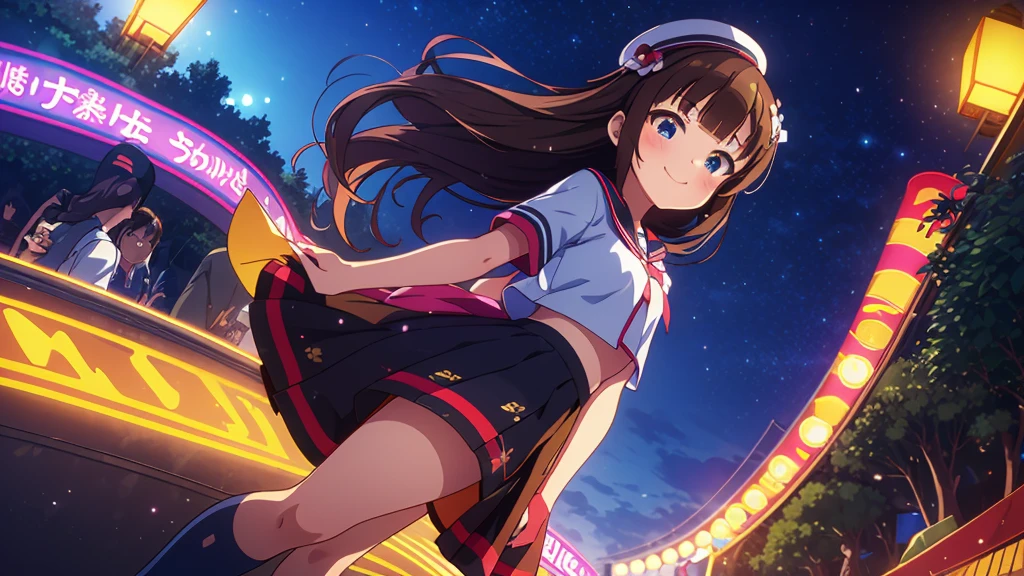 {Of the highest quality], [Super beautiful], [Ultra Fine], [best illustration], NSFW,Brown hair, hime cut, by the width, with bangs, Girl,high school student,uniform,tissue,short sleeve,Skirt,smile, blush, Thin women, adult women,standing posture,(public),night park,summer festival,diagonal, Navy Blue Knee High Socks,black bread