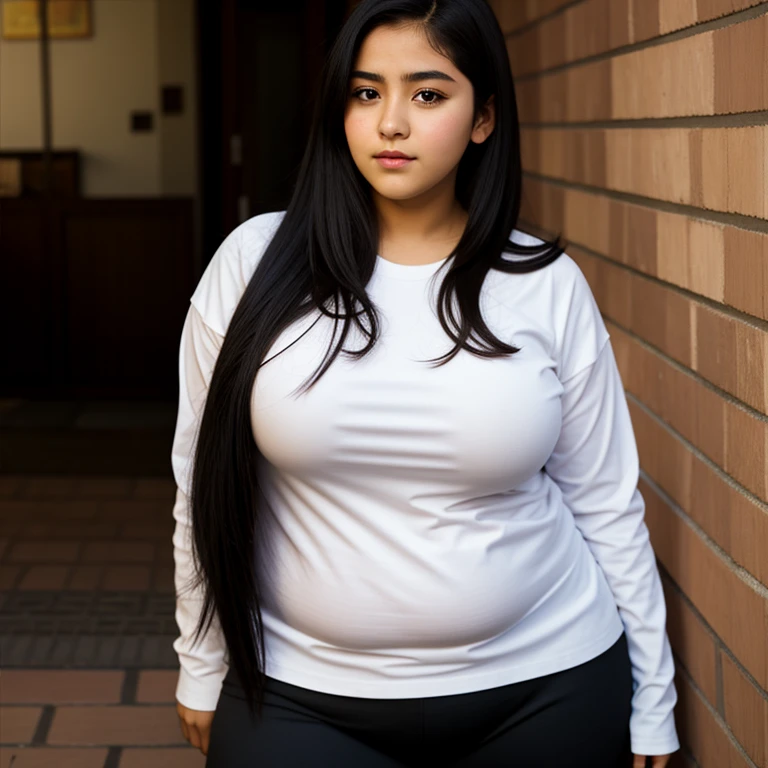 body photo, beautiful detailed, cute face, short, Guanajuato teen, short black hair, black hair over one eye, long sleeve plain T-shirt, long pants, pearshaped wide hips with thick thighs, solo, voluptuous round fat hips.