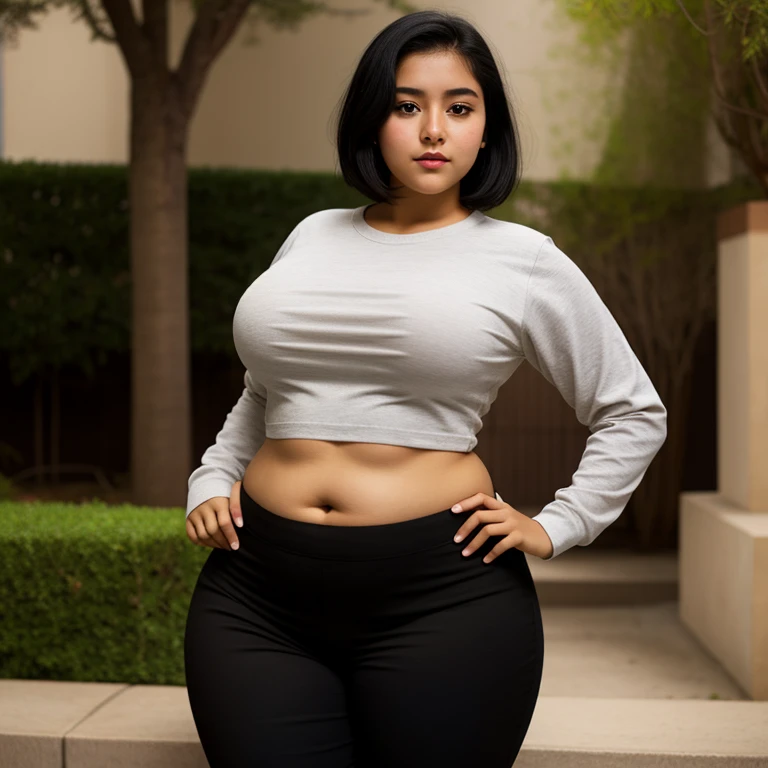 body photo, beautiful detailed, cute face, short, Guanajuato teen, short black hair, black hair over one eye, long sleeve plain T-shirt, long pants, pearshaped wide hips with thick thighs, solo, voluptuous round fat hips.