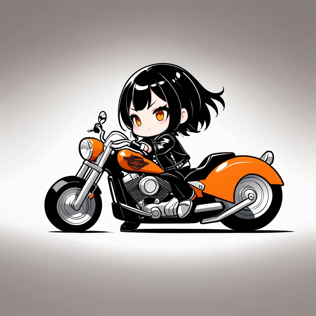 ultra-small deformation, Chibi Cute, 1girl, solo, full body, Black Leather Jacket and pants, riding a Harley-Davidson motorcycle, smugness, High contrast and vivid color, simple background